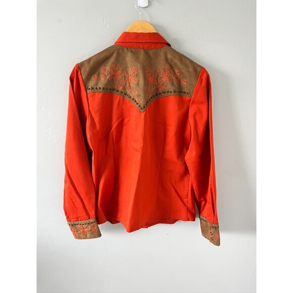 Scully Pearl Snap‎ Shirt Size M Burnt Orange Blue Brass & Embroidered Art Cowboy - Picture 7 of 12